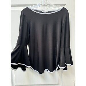 Sam and Jess Black/White Blouse Contrast Trim Bell‎ 3/4 Sleeve Women’s Petite LG